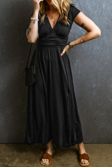 V Neck Cap Sleeve Shirred High Waist Maxi Bridesmaid Dress